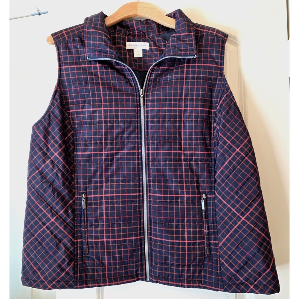 Christopher & Banks women’s quilted puffer vest in navy blue with red grid/plaid